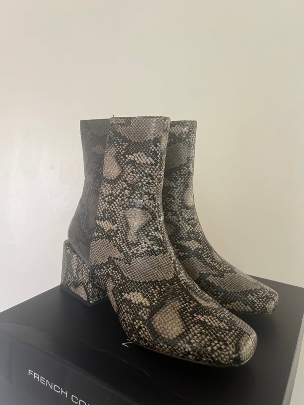 NEW French Connection Snake-Print Block Heel Ankle Boots - Beige/Black